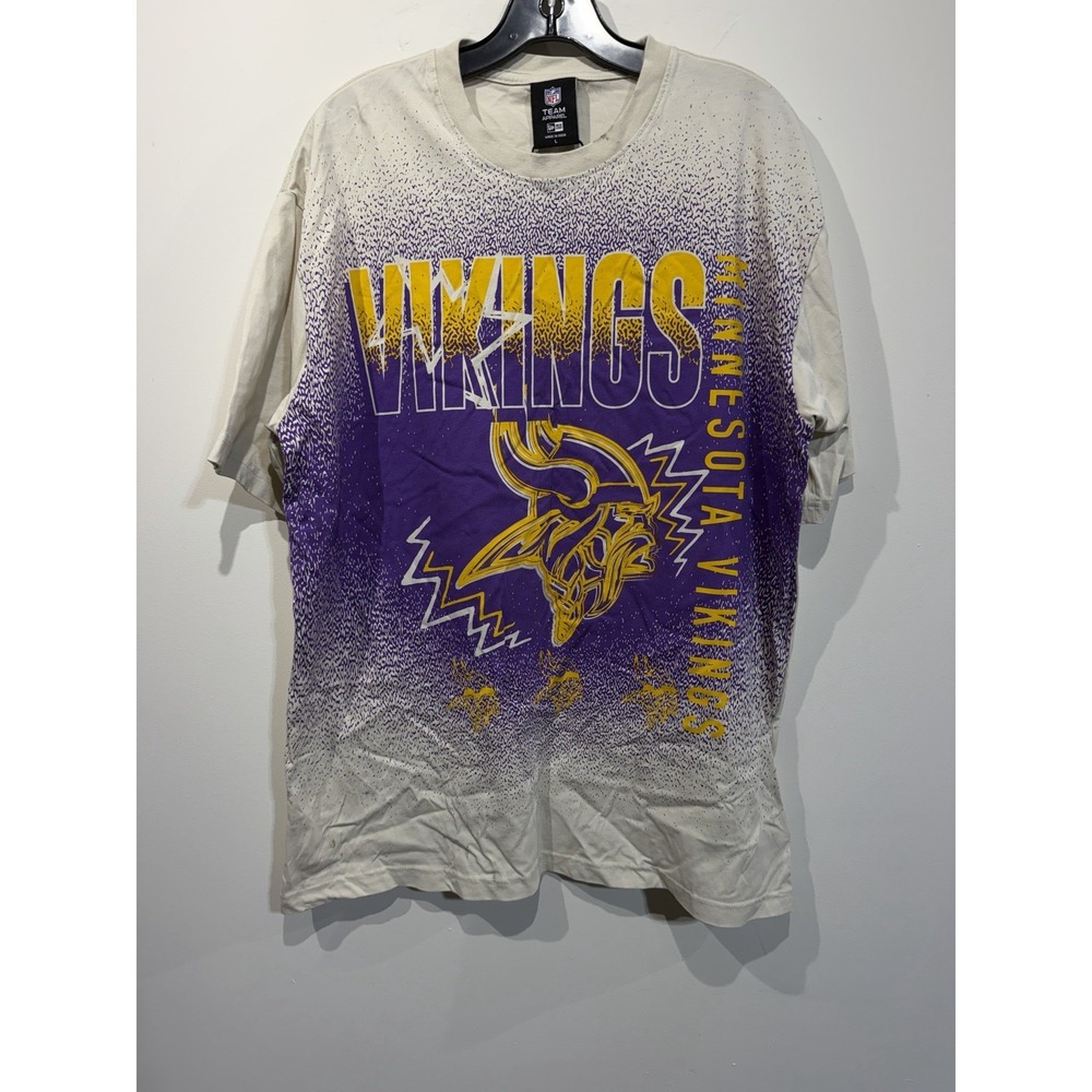 Minnesota Vikings New Era NFL T-Shirt Big Face Logo Sz L Purple Splatter White